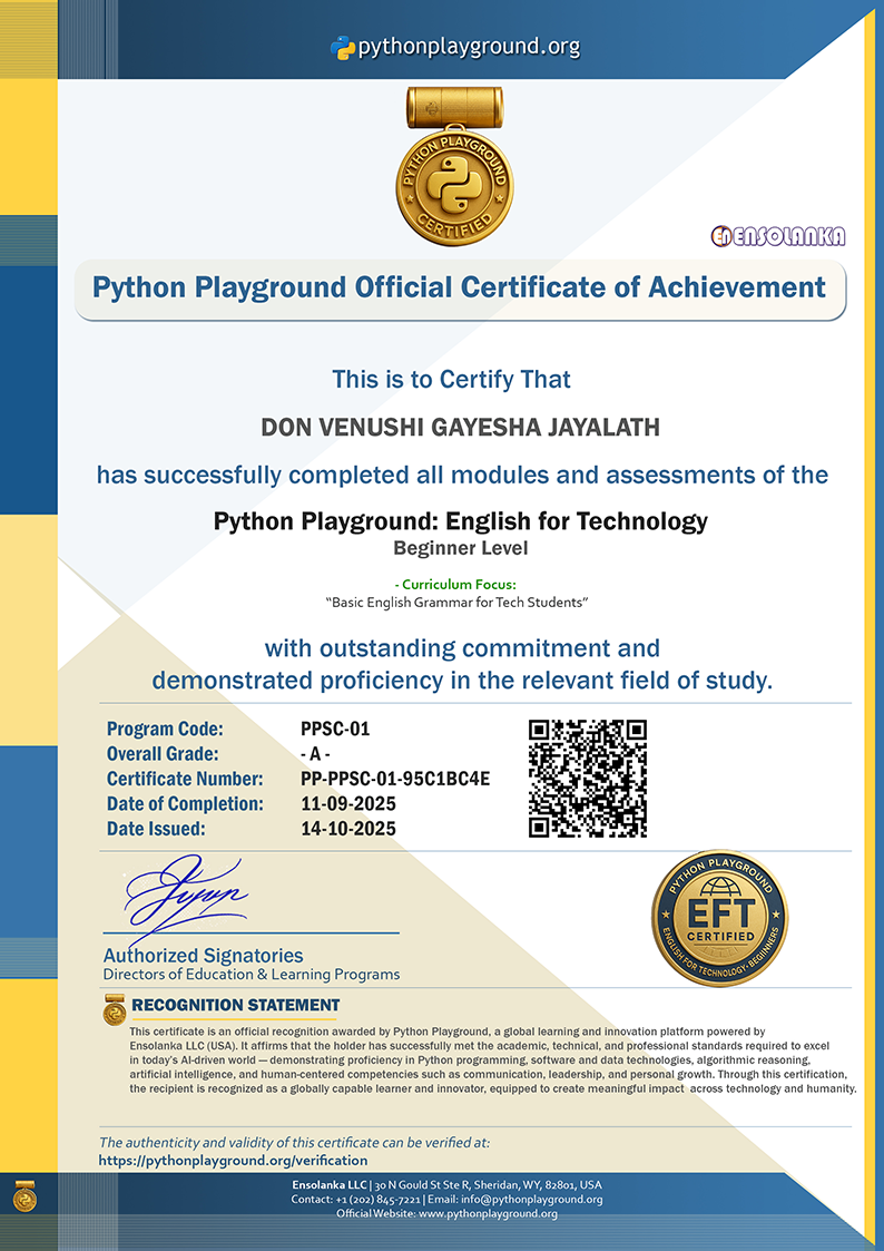 Sample Certificate — English for Technology - Beginner Level