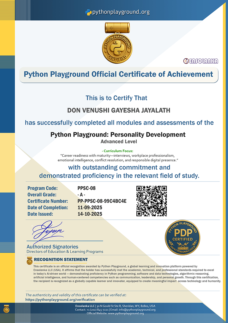 Sample Certificate — Personality Development - Advanced Level